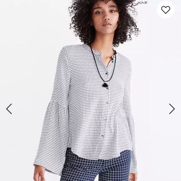 MADEWELL Black and white plaid Button Up Bell sleeve Top small - Picture 1 of 5